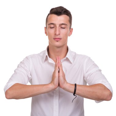 iş adamı namaste içinde poz karşı izole beyaz