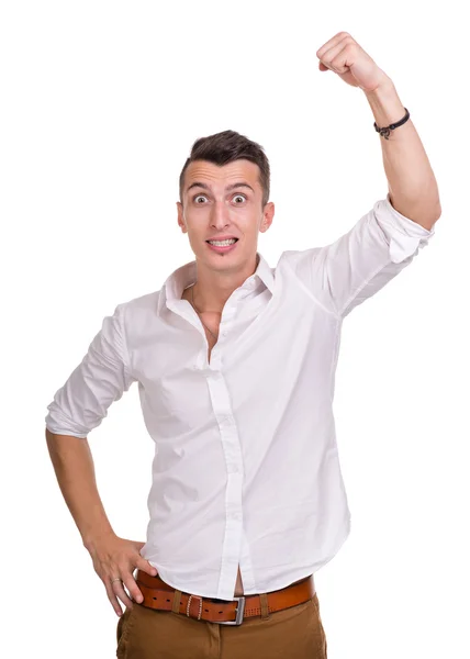 Portrait of a energetic young business man enjoying success, isolated against white — Stock Photo, Image