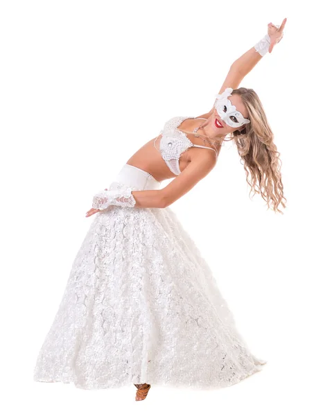 Bailarina de carnaval vestida con una máscara bailando, aislada en blanco — Foto de Stock