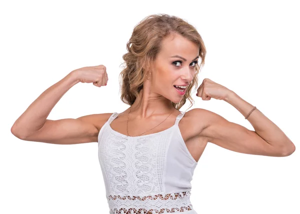 Kvinne med biceps, isolert på hvit bakgrunn – stockfoto