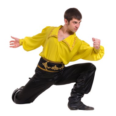 Bir Boğa güreşçisi kostüm giyen adam dans. Tam uzunlukta beyaz izole.