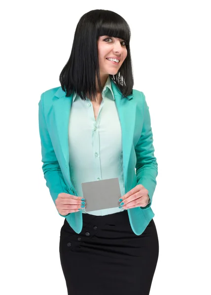 Happy smiling young business woman showing blank signboard — Stock Photo, Image