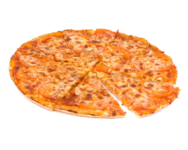Pizza met kaas en ham geïsoleerd op wit — Stockfoto
