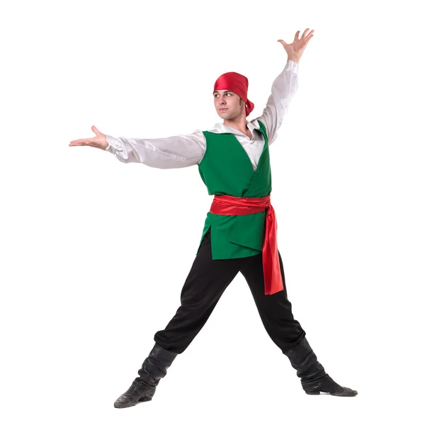 Dancing man wearing a pirate costume, isolated on white in full length. — Stock Photo, Image