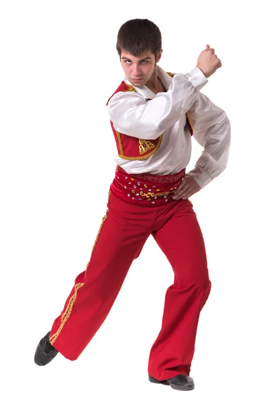 Człowiek nosi strój toreador taniec. Na białym tle na białym w pełnej długości. — Zdjęcie stockowe