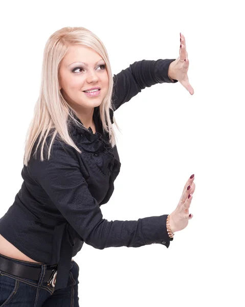 Glückliche junge Geschäftsfrau zeigt Kopierraum, isoliert auf weiß — Stockfoto