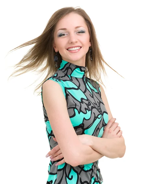 Retrato de atractiva mujer caucásica sonriente aislada en blanco con copyspace —  Fotos de Stock