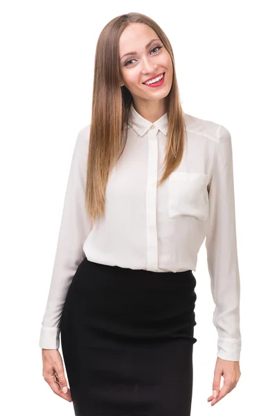 Портрет счастливой молодой деловой женщины, изолированной на белом — стоковое фото