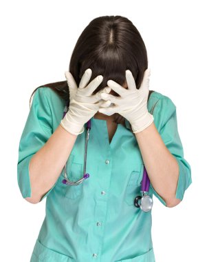 Beyaz izole stres, aşırı yüklenmiş kadın doktor