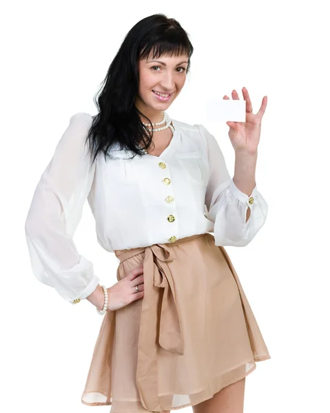 Feliz joven mujer de negocios sonriente mostrando letrero en blanco — Foto de Stock