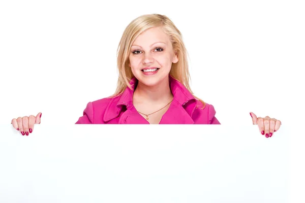 Happy smiling young business woman showing blank signboard — Stock Photo, Image