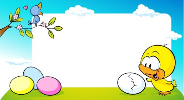 şarkı kuş ve sevimli tavuk karesinde yeşil çim - vektör çizim çiçek dal