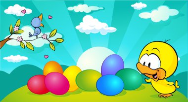 kuş ve tavuk - vektör çizim ile yatay Paskalya ve bahar banner tasarımı