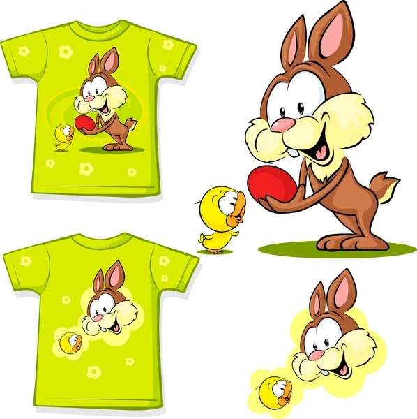 Shirt with cute easter design - bunny an chicken easter illustration — Stock Vector