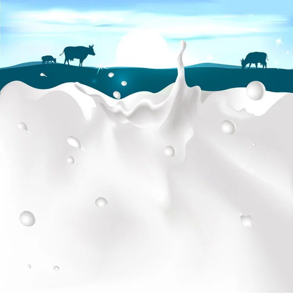 Vektor Weiß Spritzmilch Illustration auf dunkelblauem Hintergrund mit Kuh und Sonnenuntergang — Stockvektor