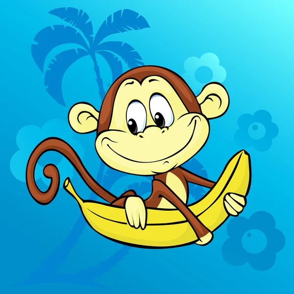 Roztomilý opice s banánem na pozadí abstraktní s palm - vektorové ilustrace — Stockový vektor