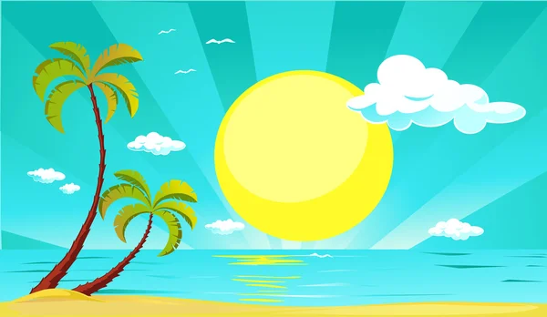 Sommer-Vektordesign mit Sonne, Palme, Strand und Meer - Vektorillustration — Stockvektor