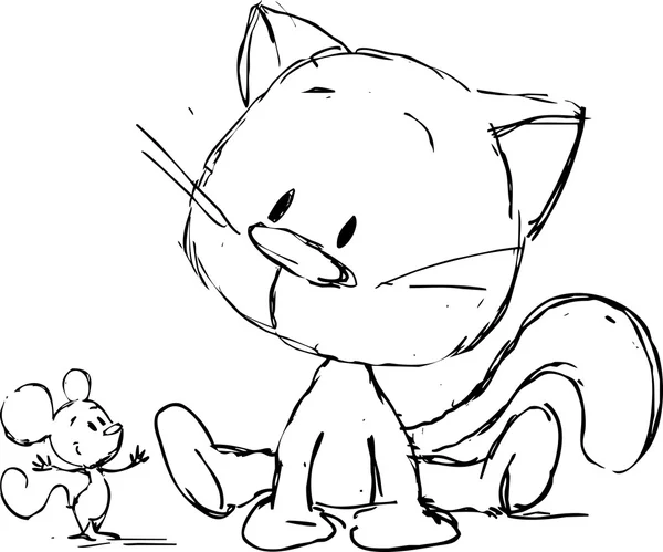 Gatinho bonito sentado com o mouse - desenho animado — Vetor de Stock