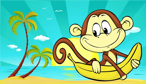 Puesta de sol en la playa con palma y mono lindo y plátano - ilustración vectorial — Archivo Imágenes Vectoriales