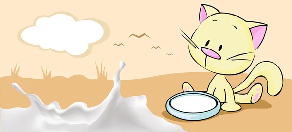 Disegno banner orizzontale latte con carino gattino e spruzzi di latte — Vettoriale Stock
