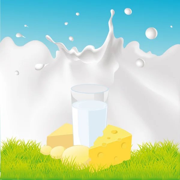 Design bleu avec des produits laitiers sur herbe verte et éclaboussures de lait illustration vectorielle — Image vectorielle