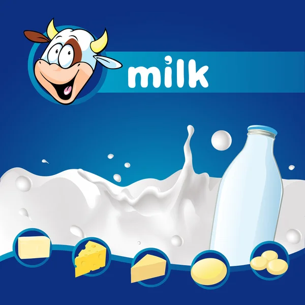 Donker blauw melk ontwerp met koe en zuivel product - vectorillustratie — Stockvector