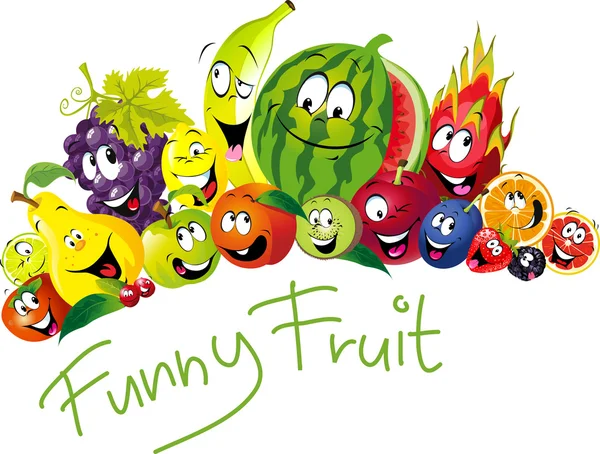 Смешные фрукты - много фруктов с улыбкой и счастливым лицом - векторная фруктовая иллюстрация — стоковый вектор