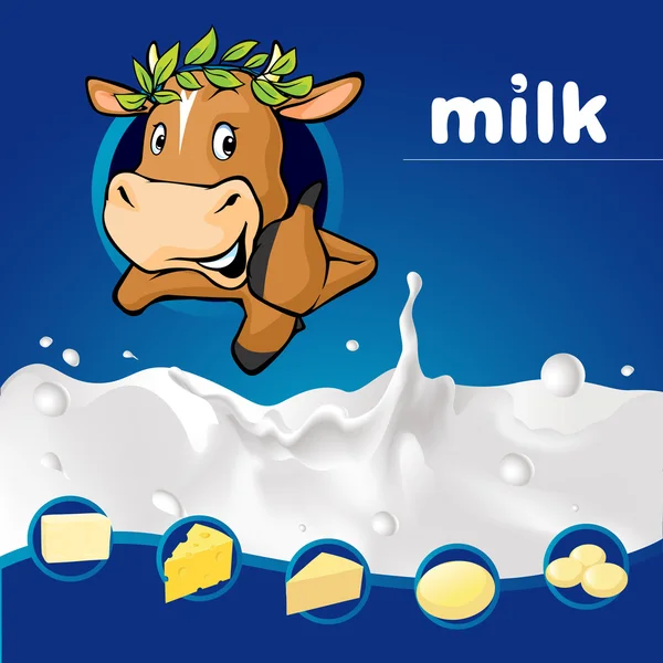 Diseño de leche azul oscuro con vaca con corona de laurel mirando y productos lácteos - ilustración vectorial — Vector de stock