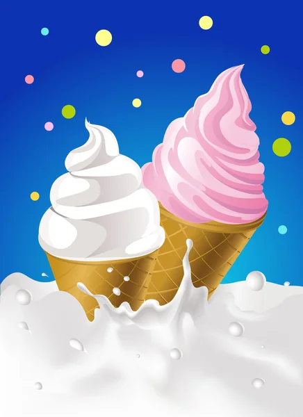 Pembe ve beyaz dondurmanın içine süt sıçrama noktalı renkli tasarım - vektör çizim ile — Stok Vektör