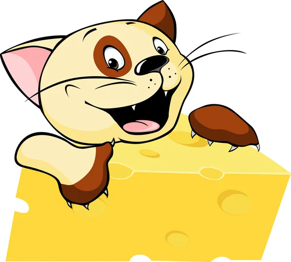 面白い猫保持チーズ - 白い背景で隔離のベクトル図 — ストックベクタ