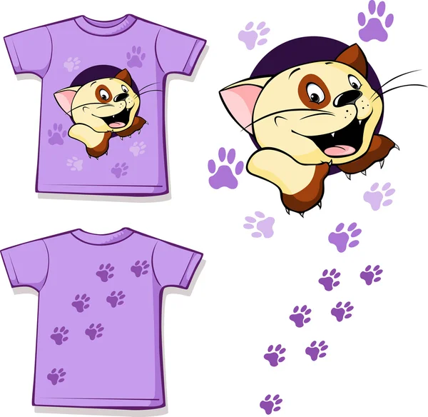 T-shirt impressa - Gato bonito - ilustração vetorial — Vetor de Stock