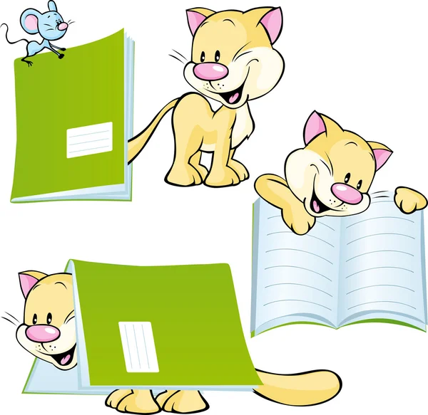 Cheerful cat playing and learning with workbook - vector illustration — Stock Vector