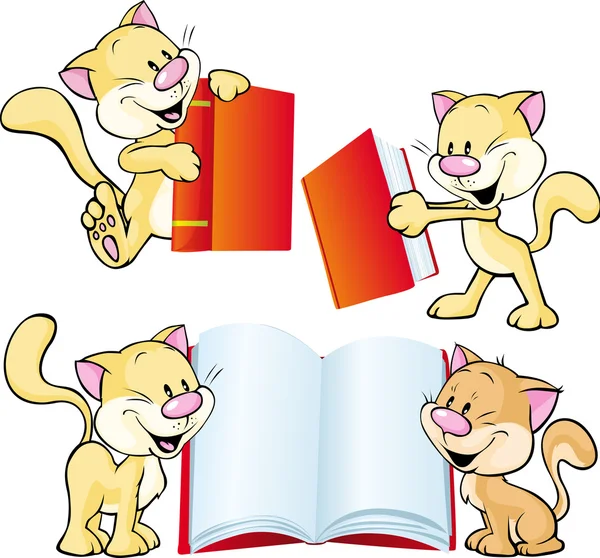 Gato alegre jugando y aprendiendo con el libro rojo - ilustración vectorial — Vector de stock