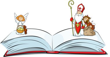 Book of sins is Open - Saint Nicholas, devil and angel   Standing Over - Vector clipart