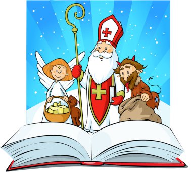 Saint Nicholas, devil and angel - vector illustration - Standing over the Book of Sins clipart