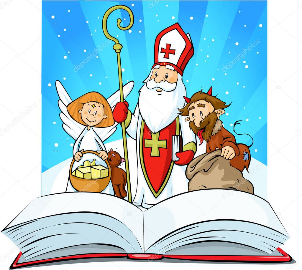 Saint Nicholas, devil and angel - vector illustration - Standing over the Book of Sins