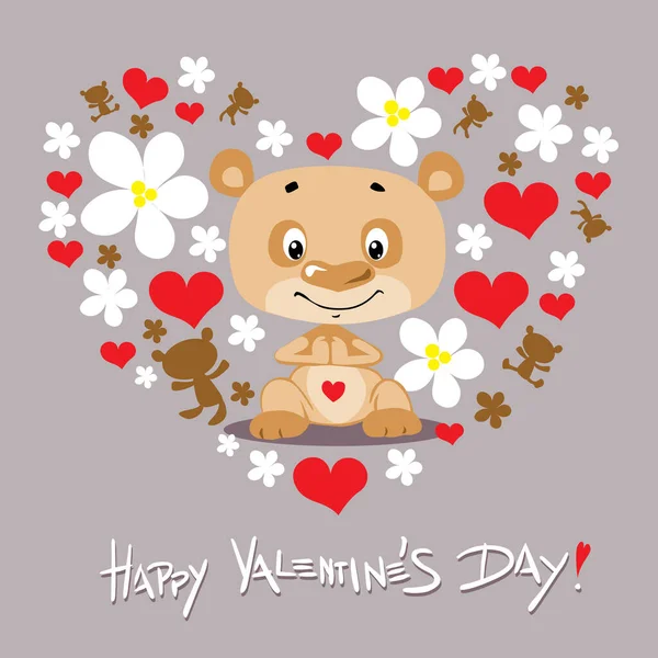 Happy Valentines Day Design Cute Bear Heart Flower Flat Design — Stock Vector