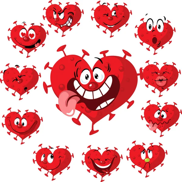 Illustration Vectorielle Dessin Animé Coronavirus Heart Avec Nombreuses Expressions Faciales — Image vectorielle