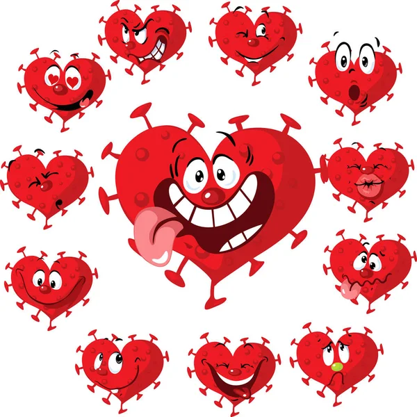 Coronavirus Heart Cartoon Vector Illustration Many Facial Expressions Valentines Day — Stock Vector