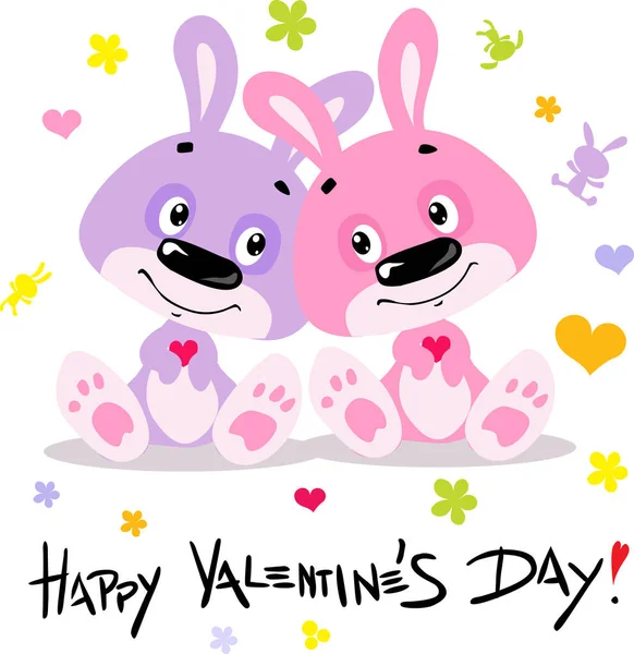 Happy Valentines Day Cute Bunnies Love Flat Design Illustration — Stock Vector