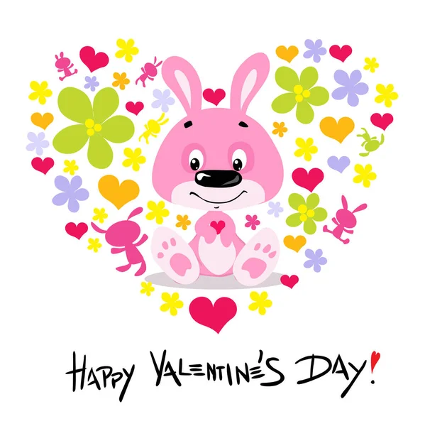 Valentines Day Card Cute Bunny Vector Flat Design Illustration Abstract — Stock Vector