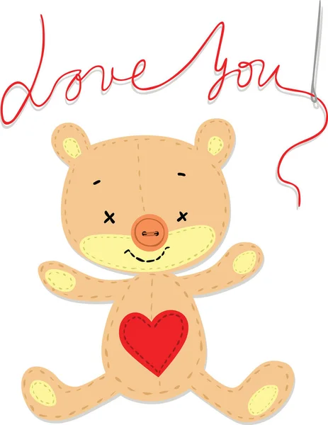 Valentine Card Sewn Embroided Teddy Bear Love You Vector Illustration — стоковий вектор