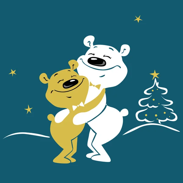 Roztomilé Medvědi Objímání Vánoční Zimní Vektor Ilustrace Vánoční Strom — Stockový vektor