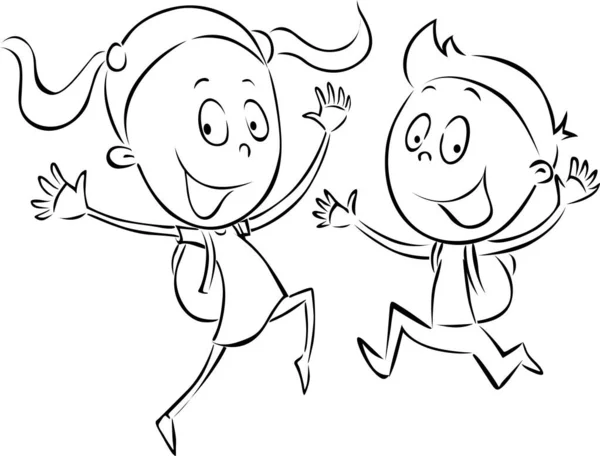 Happy Children Jump Back School Illustration Vectorielle Ligne Noire — Image vectorielle