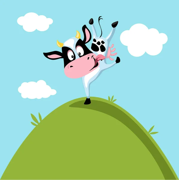 Funny Cow Dancing Green Hill Vector Illustration Flat Design — Stock Vector