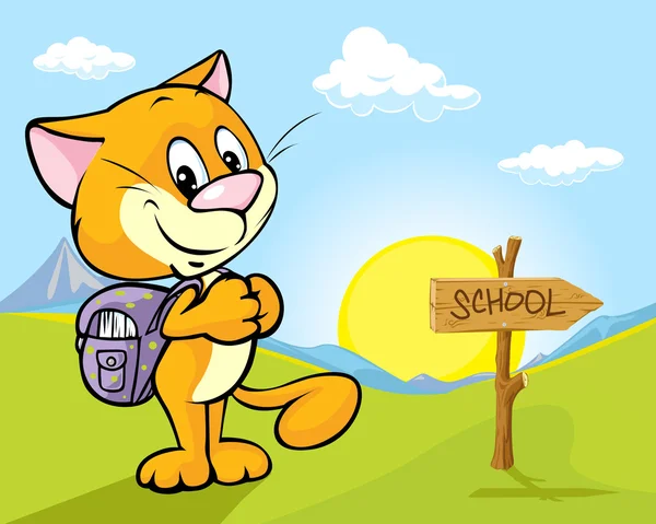 Paisaje con gato y señales direccionales - el camino a la escuela — Vector de stock