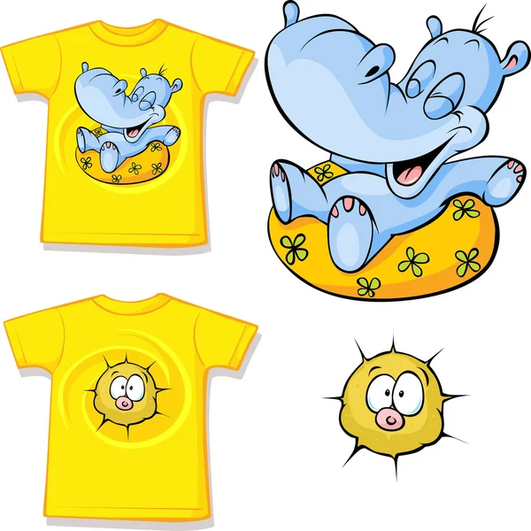 Camisa para niños con divertido amor hipopótamo impreso - aislado en blanco, espalda y vista frontal — Vector de stock