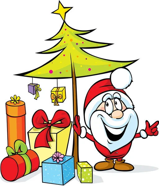 Santa claus standing by christmas tree with many gifts — Stock Vector