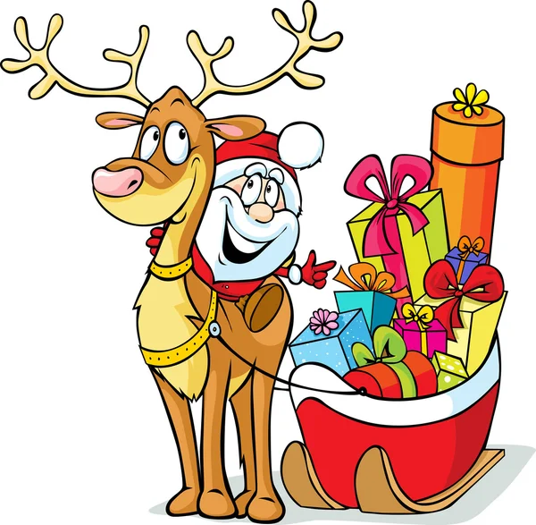 Santa sits on a reindeer drags sleigh full of gifts — Stock Vector