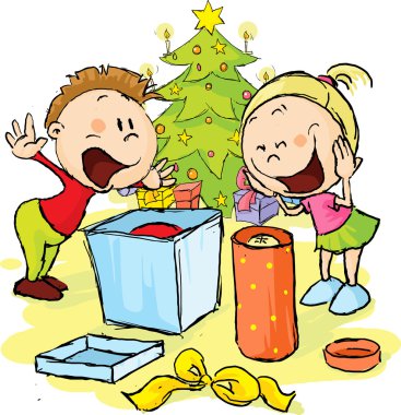Çocuklar Noel ağacının altında paketini açmak için bir hediye - vektör çizim